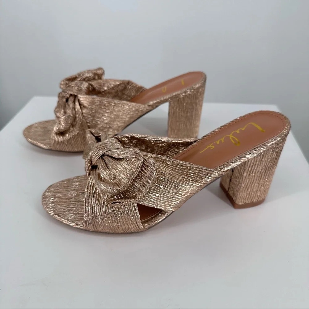 Lulus Dorothea Rose Gold Knotted High Heel Sandals size 8 New in Box Metallic
